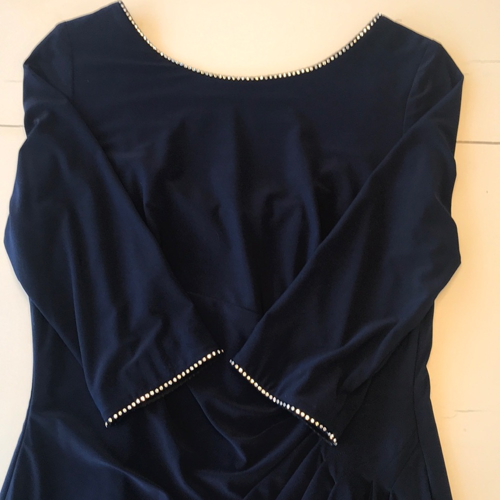 Navy Pearl-Trim Long Sleeve Dress